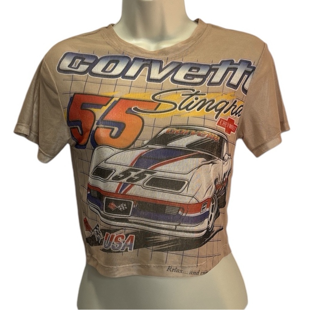 New Women's GM Corvette Stingray Chevrolet Graphic Mesh Crop Top Shirt Size M